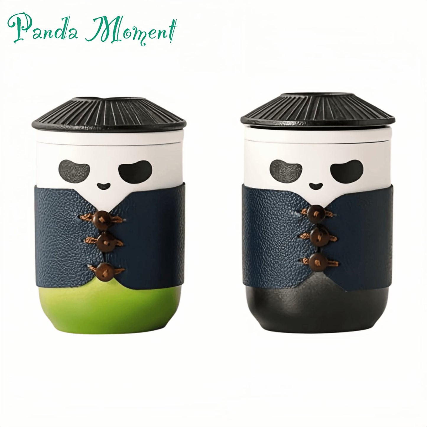 Panda Travel Mug โ High-Quality Ceramic with Martial Arts Hat Lid and Leather Wrap