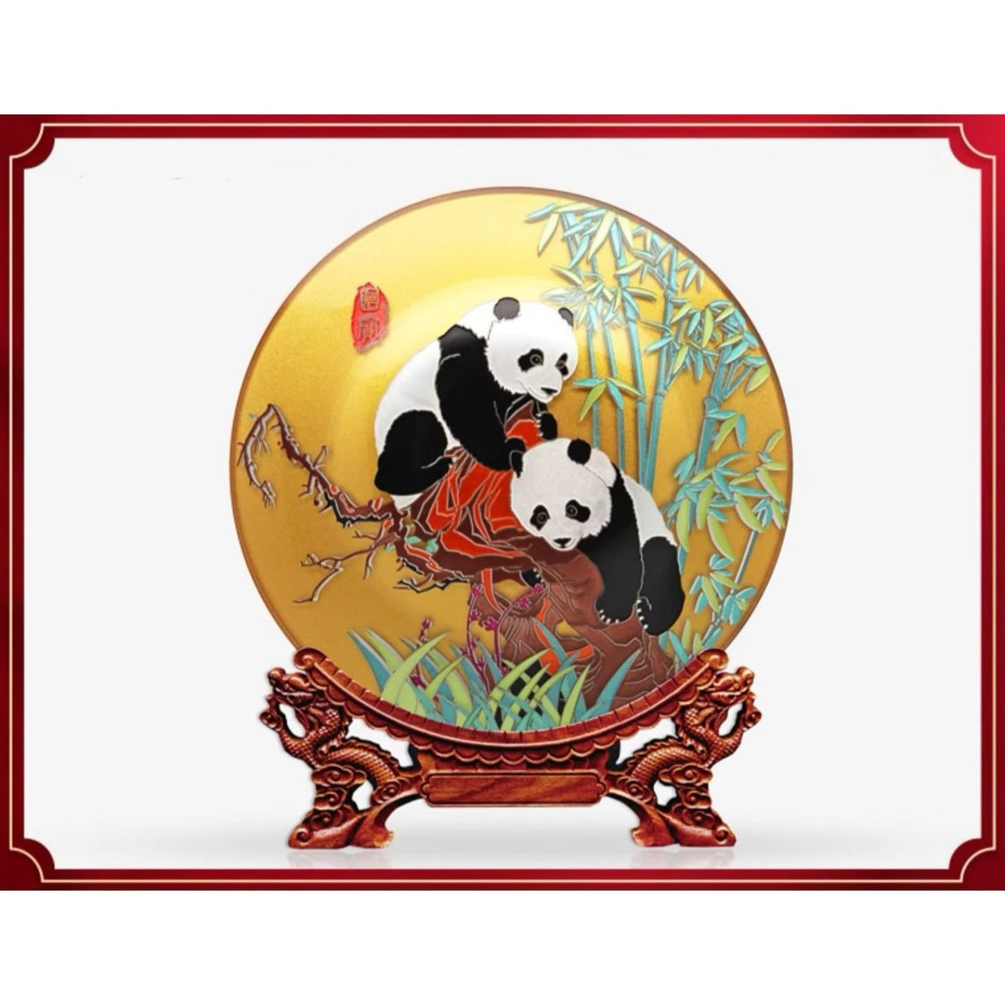 両面手彫りの芸術的なプレート – 現代の職人技の傑作🐼