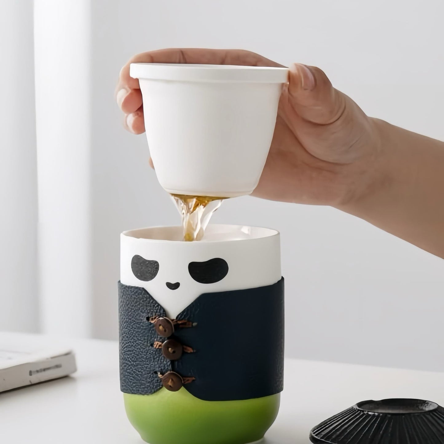 Panda Travel Mug โ High-Quality Ceramic with Martial Arts Hat Lid and Leather Wrap