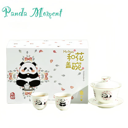 華華パンダ茶器セット – 愛らしいパンダのデザインが施された陶器の蓋碗 🐼🍵