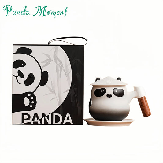 🐼 カンフー・パンダ セラミックマグカップセット – 蓋、トレイ、木製ハンドル付きのスタイリッシュなギフトマグカップ