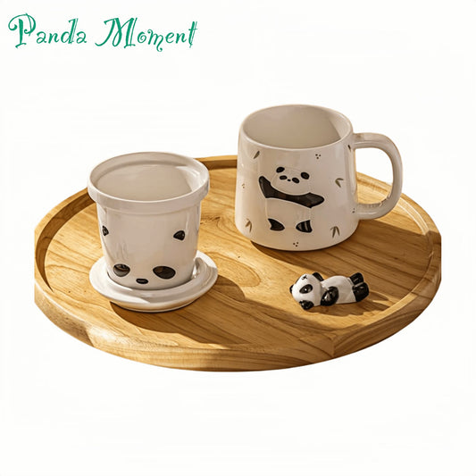 🐼 パンダセラミックマグカップ – スタイリッシュな高温焼成カップ、蓋と木製ハンドル付き、紅茶、コーヒー、ワインに最適
