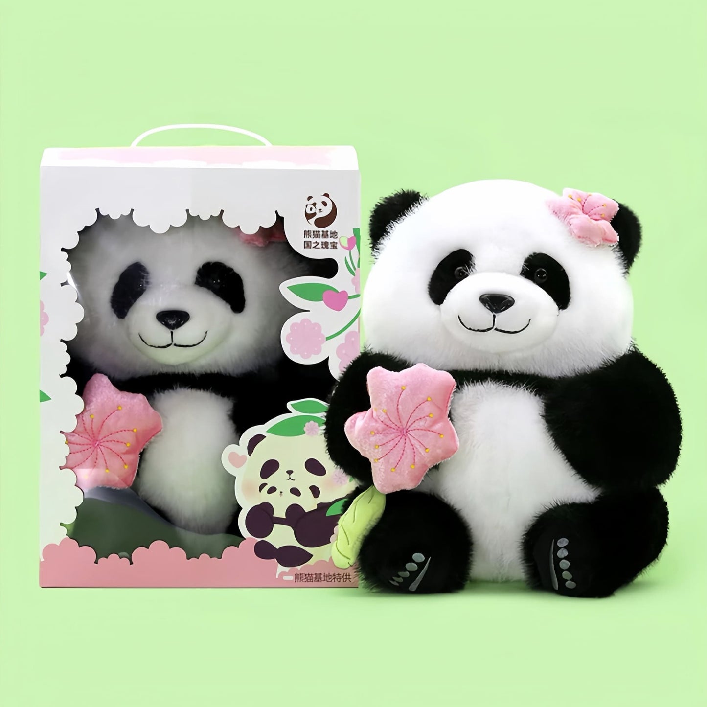 ダンシングブロッサムパンダぬいぐるみ – 回転する花のサプライズ付きフアフア🌸🐼