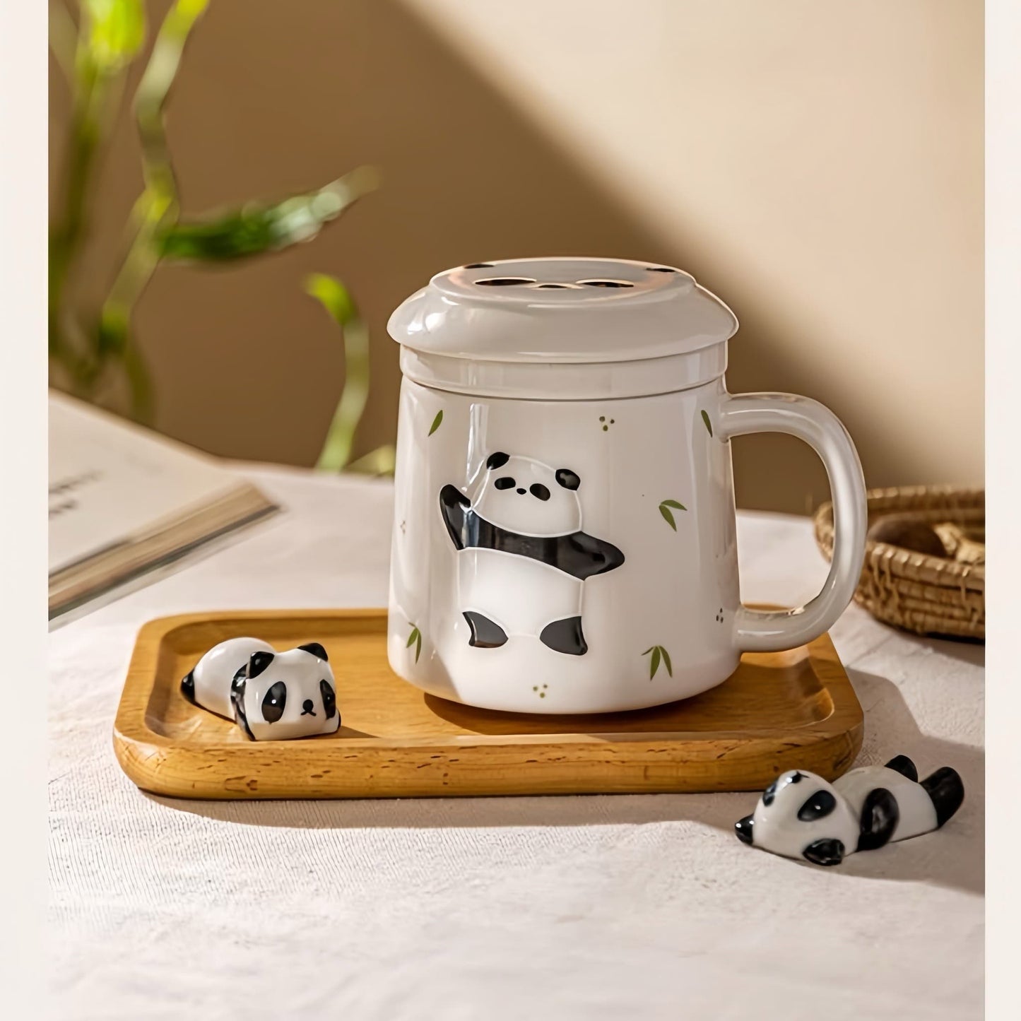 🐼 パンダセラミックマグカップ – スタイリッシュな高温焼成カップ、蓋と木製ハンドル付き、紅茶、コーヒー、ワインに最適