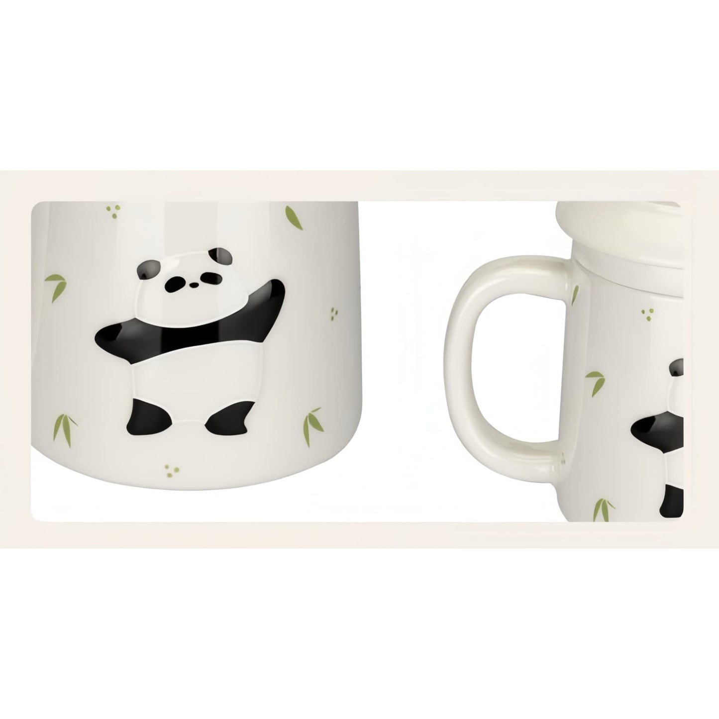 🐼 パンダセラミックマグカップ – スタイリッシュな高温焼成カップ、蓋と木製ハンドル付き、紅茶、コーヒー、ワインに最適