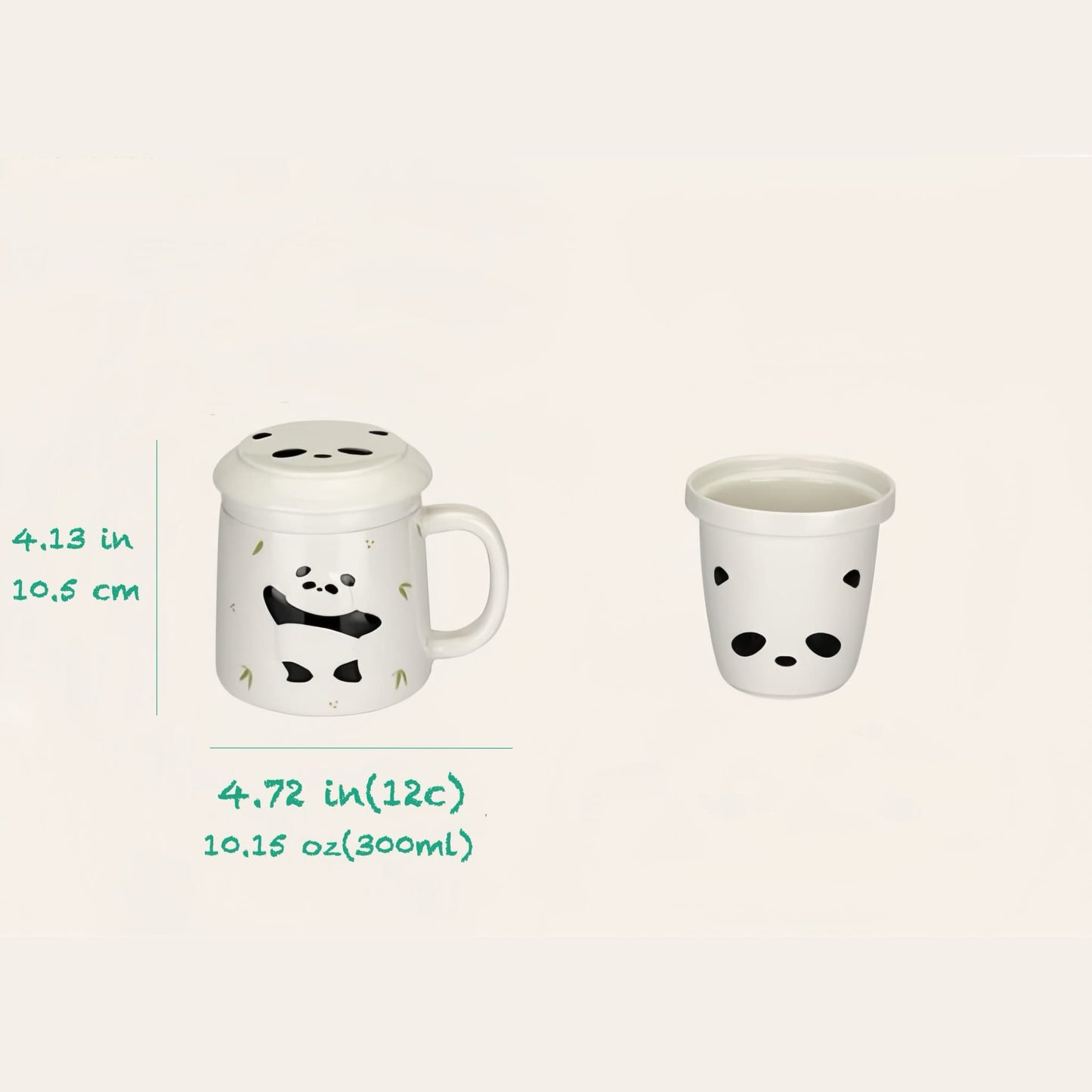 🐼 パンダセラミックマグカップ – スタイリッシュな高温焼成カップ、蓋と木製ハンドル付き、紅茶、コーヒー、ワインに最適
