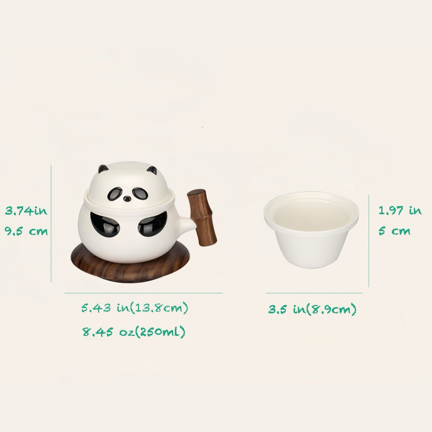 🐼 クルミ材のハンドル付きパンダ陶器マグカップ – コーヒー、紅茶などに使える、感情豊かな可愛いパンダカップ