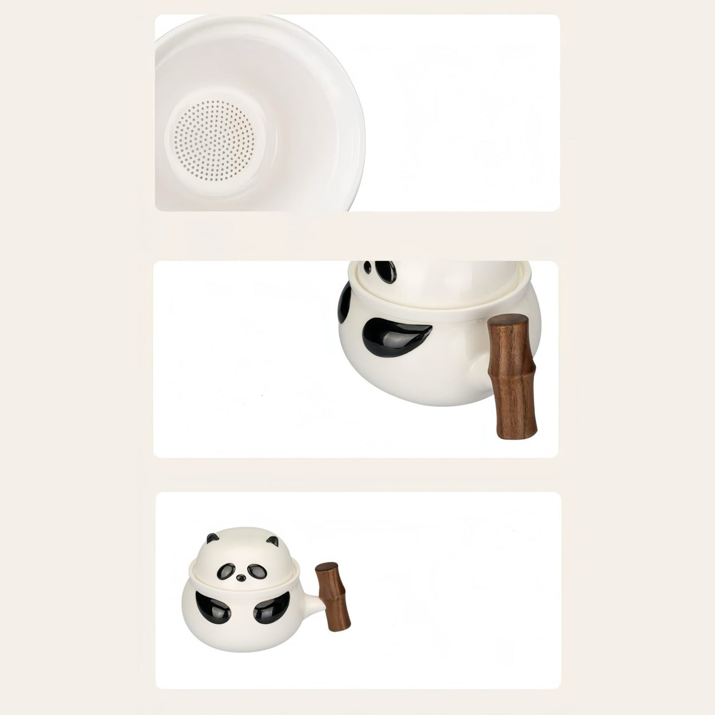 🐼 クルミ材のハンドル付きパンダ陶器マグカップ – コーヒー、紅茶などに使える、感情豊かな可愛いパンダカップ