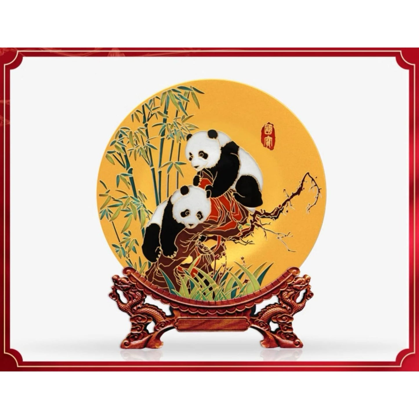 両面手彫りの芸術的なプレート – 現代の職人技の傑作🐼