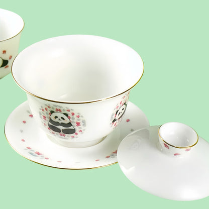 華華パンダ茶器セット – 愛らしいパンダのデザインが施された陶器の蓋碗 🐼🍵