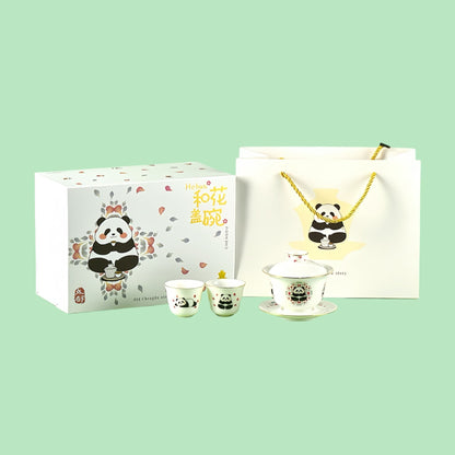 華華パンダ茶器セット – 愛らしいパンダのデザインが施された陶器の蓋碗 🐼🍵